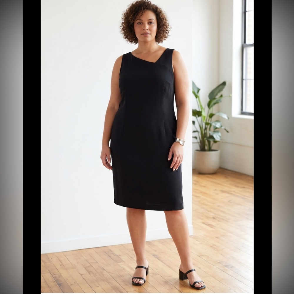 Eileen Fisher Black Sleeveless Shift Dress. Size 18W. Asymmetric Neck. Preppy.